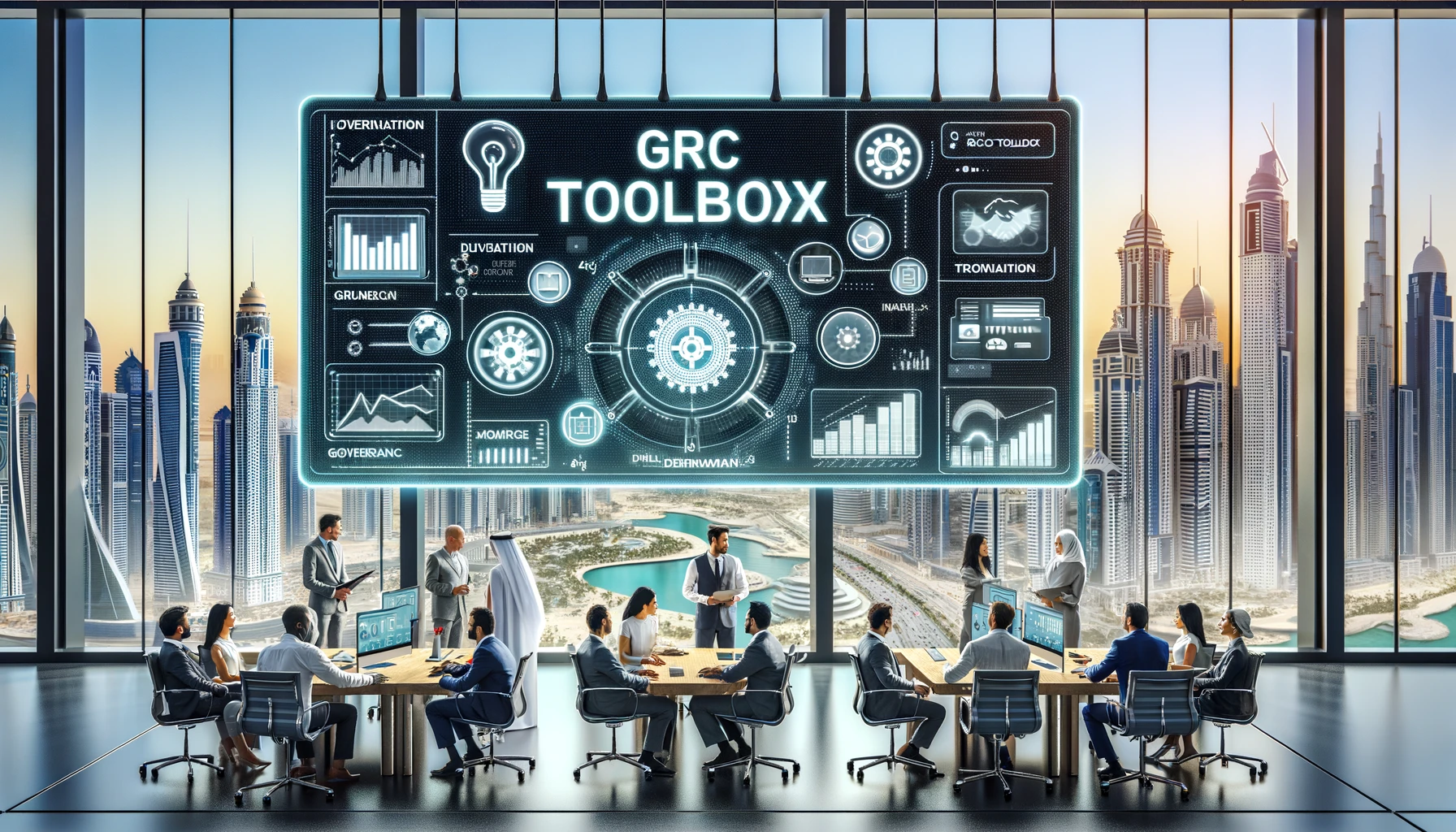 A modern office setting in Dubai Internet City, showcasing advanced technology and the GRC Toolbox interface on screens. The scene includes diverse pr