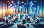 A vibrant scene showcasing Emiratis participating in an app development training program. The setting includes modern training facilities with advance