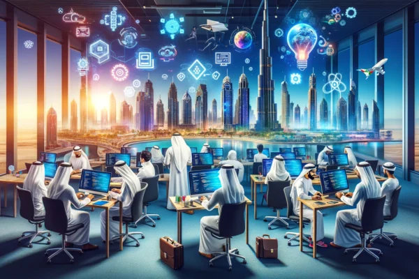 A vibrant scene showcasing Emiratis participating in an app development training program. The setting includes modern training facilities with advance