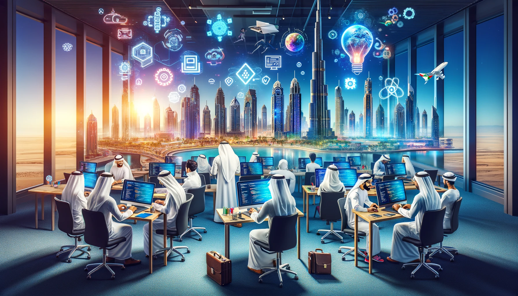 A vibrant scene showcasing Emiratis participating in an app development training program. The setting includes modern training facilities with advance