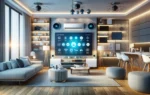 A modern smart home interior with various smart devices like lighting, air conditioners, TVs, and cameras being controlled by a virtual assistant like