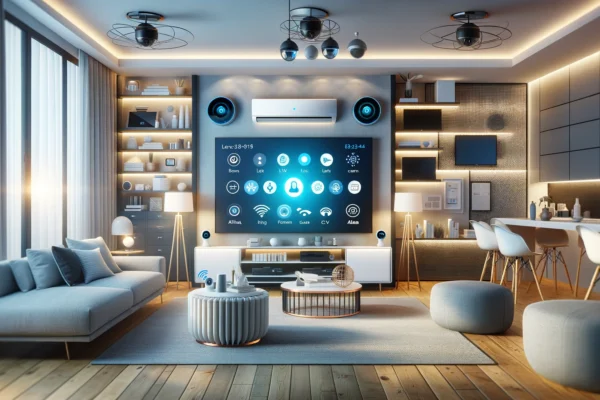 A modern smart home interior with various smart devices like lighting, air conditioners, TVs, and cameras being controlled by a virtual assistant like