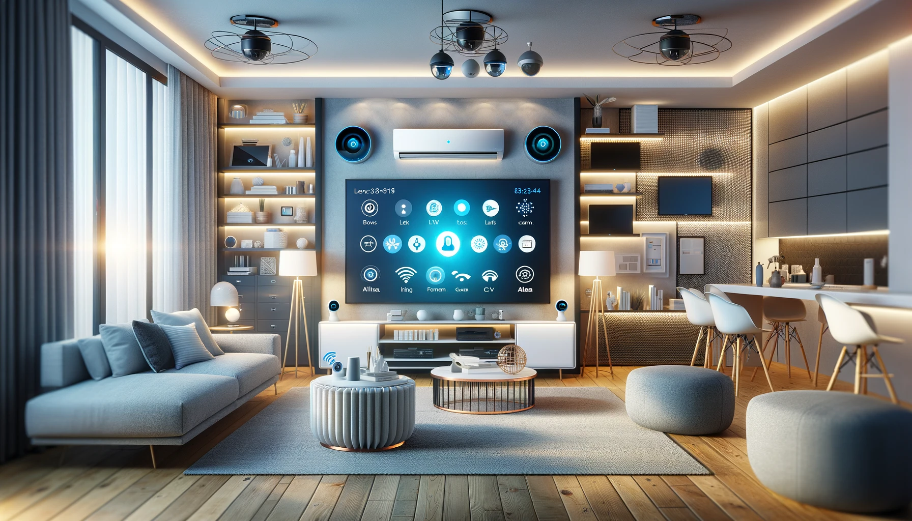 A modern smart home interior with various smart devices like lighting, air conditioners, TVs, and cameras being controlled by a virtual assistant like