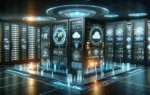 A modern data center with advanced cloud and cybersecurity infrastructure. The scene includes sleek servers, glowing LED indicators, and holographic d