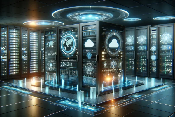 A modern data center with advanced cloud and cybersecurity infrastructure. The scene includes sleek servers, glowing LED indicators, and holographic d