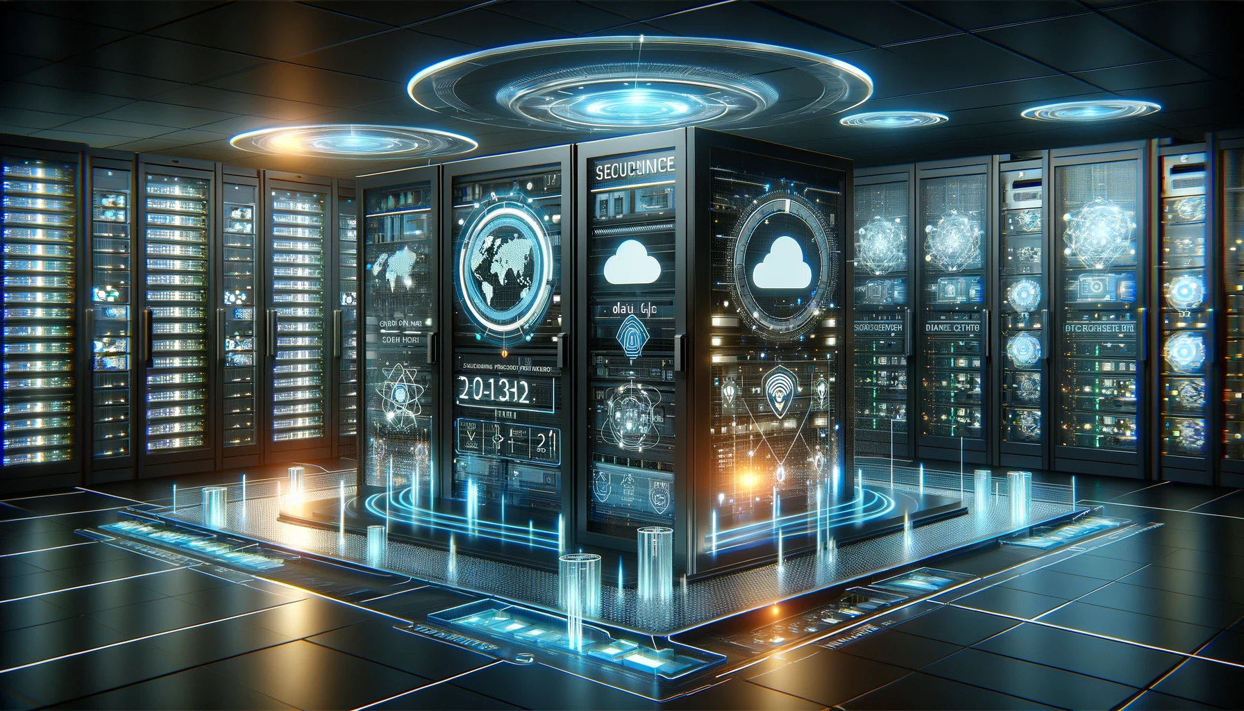 A modern data center with advanced cloud and cybersecurity infrastructure. The scene includes sleek servers, glowing LED indicators, and holographic d