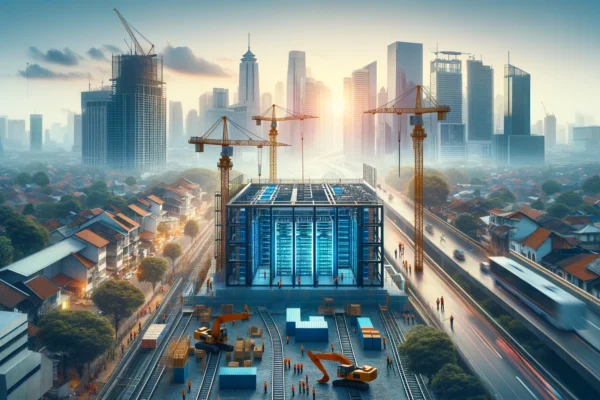 A modern data center under construction in an urban area of Jakarta, Indonesia. The scene includes cranes, construction workers, and a partially built