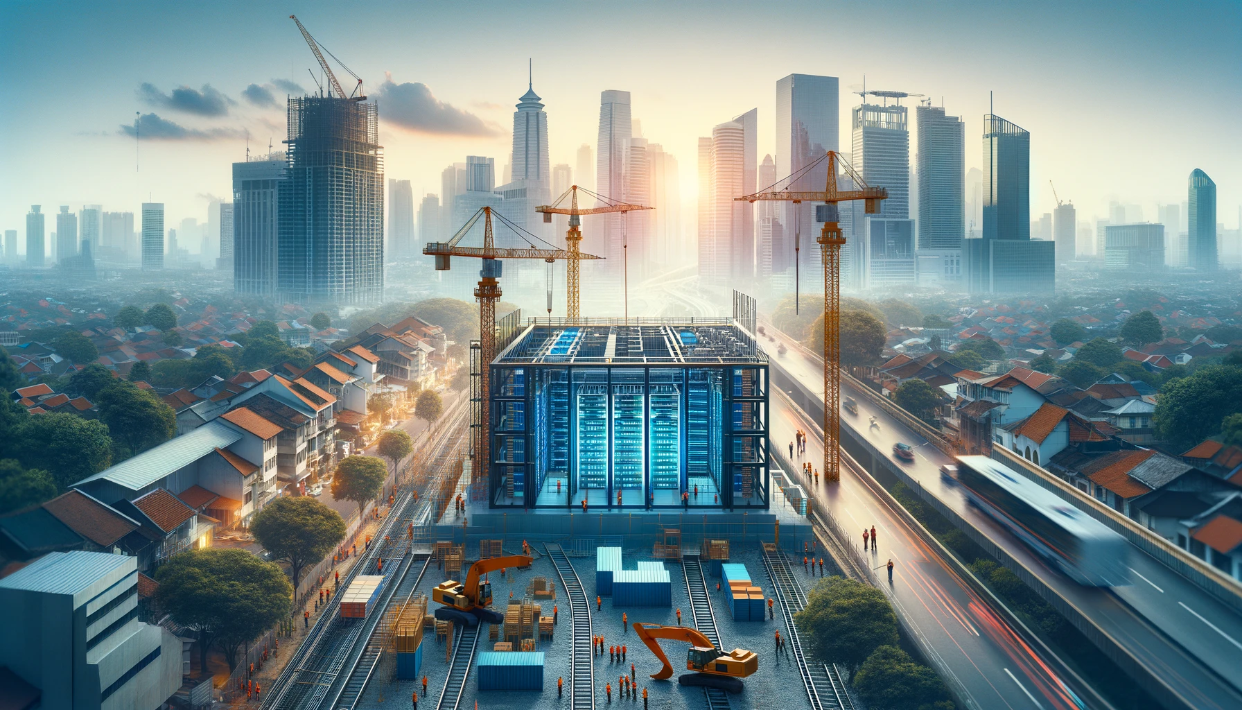 A modern data center under construction in an urban area of Jakarta, Indonesia. The scene includes cranes, construction workers, and a partially built