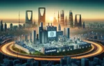 A modern technology hub in Riyadh, Saudi Arabia, featuring a state-of-the-art PC and server manufacturing facility. The scene should include advanced