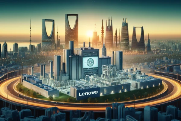 A modern technology hub in Riyadh, Saudi Arabia, featuring a state-of-the-art PC and server manufacturing facility. The scene should include advanced