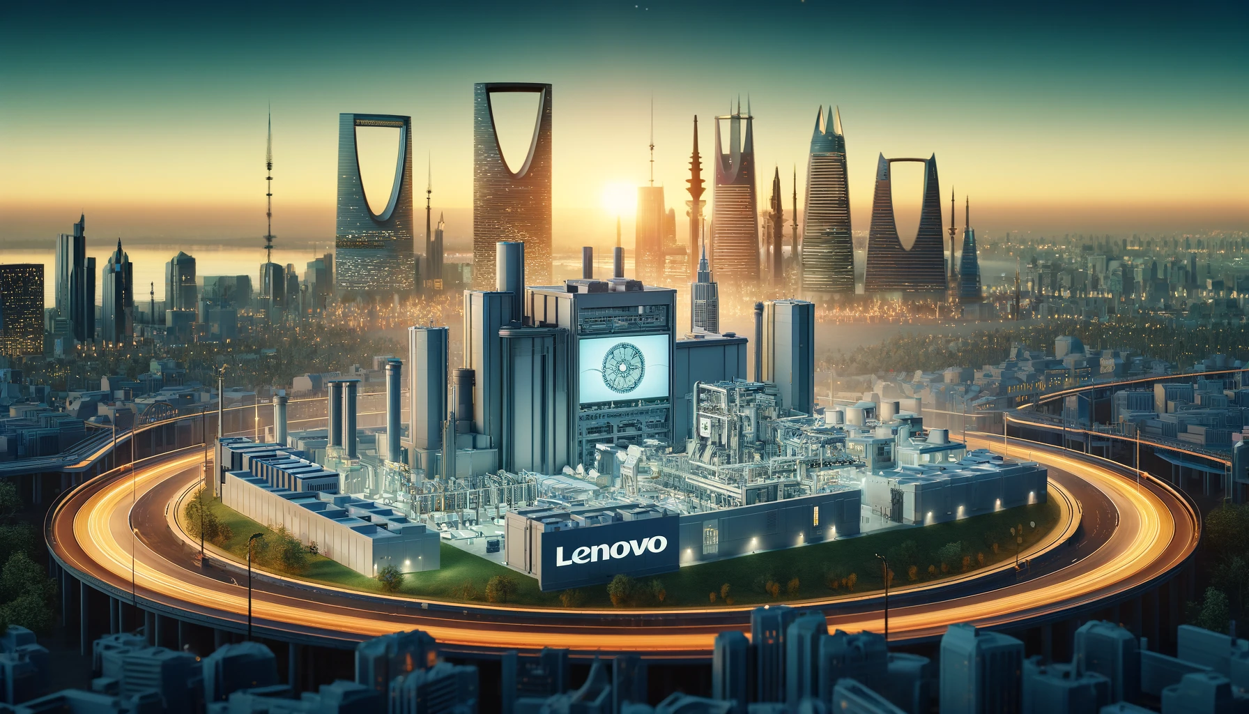 A modern technology hub in Riyadh, Saudi Arabia, featuring a state-of-the-art PC and server manufacturing facility. The scene should include advanced