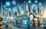 A futuristic factory in the UAE showcasing advanced digital transformation technologies. The scene includes robotic arms, automated assembly lines, an