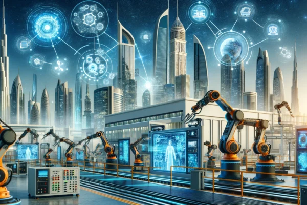 A futuristic factory in the UAE showcasing advanced digital transformation technologies. The scene includes robotic arms, automated assembly lines, an