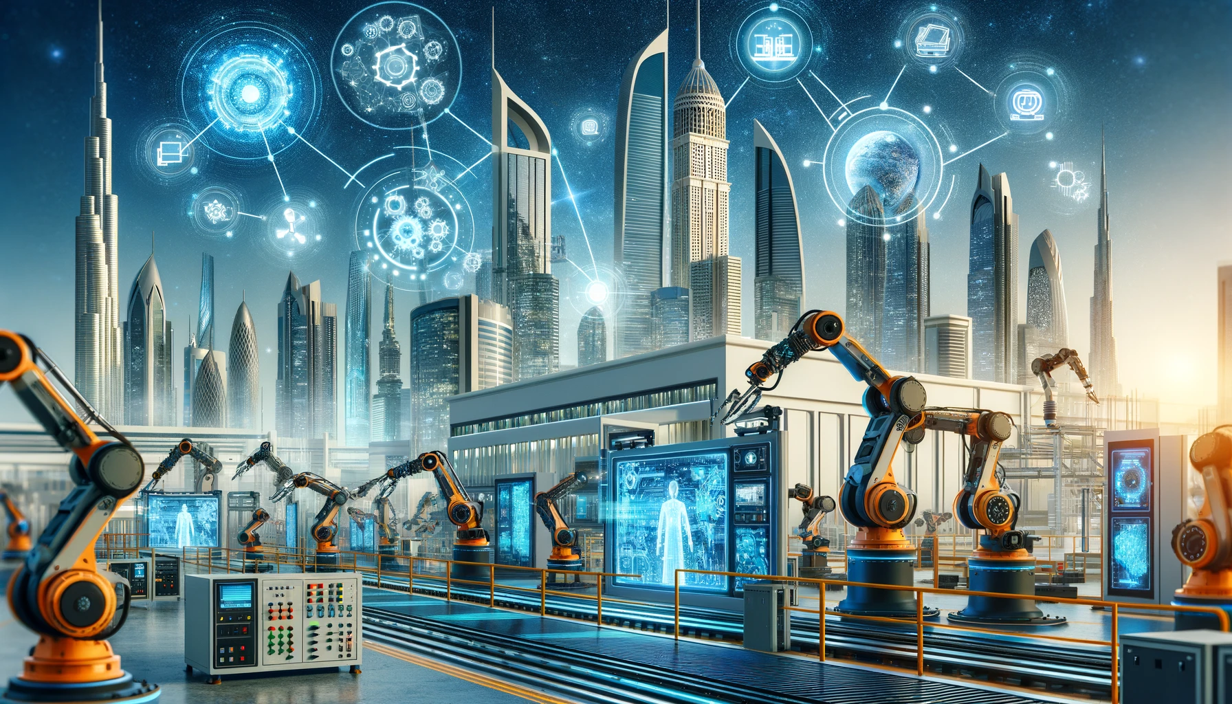 A futuristic factory in the UAE showcasing advanced digital transformation technologies. The scene includes robotic arms, automated assembly lines, an