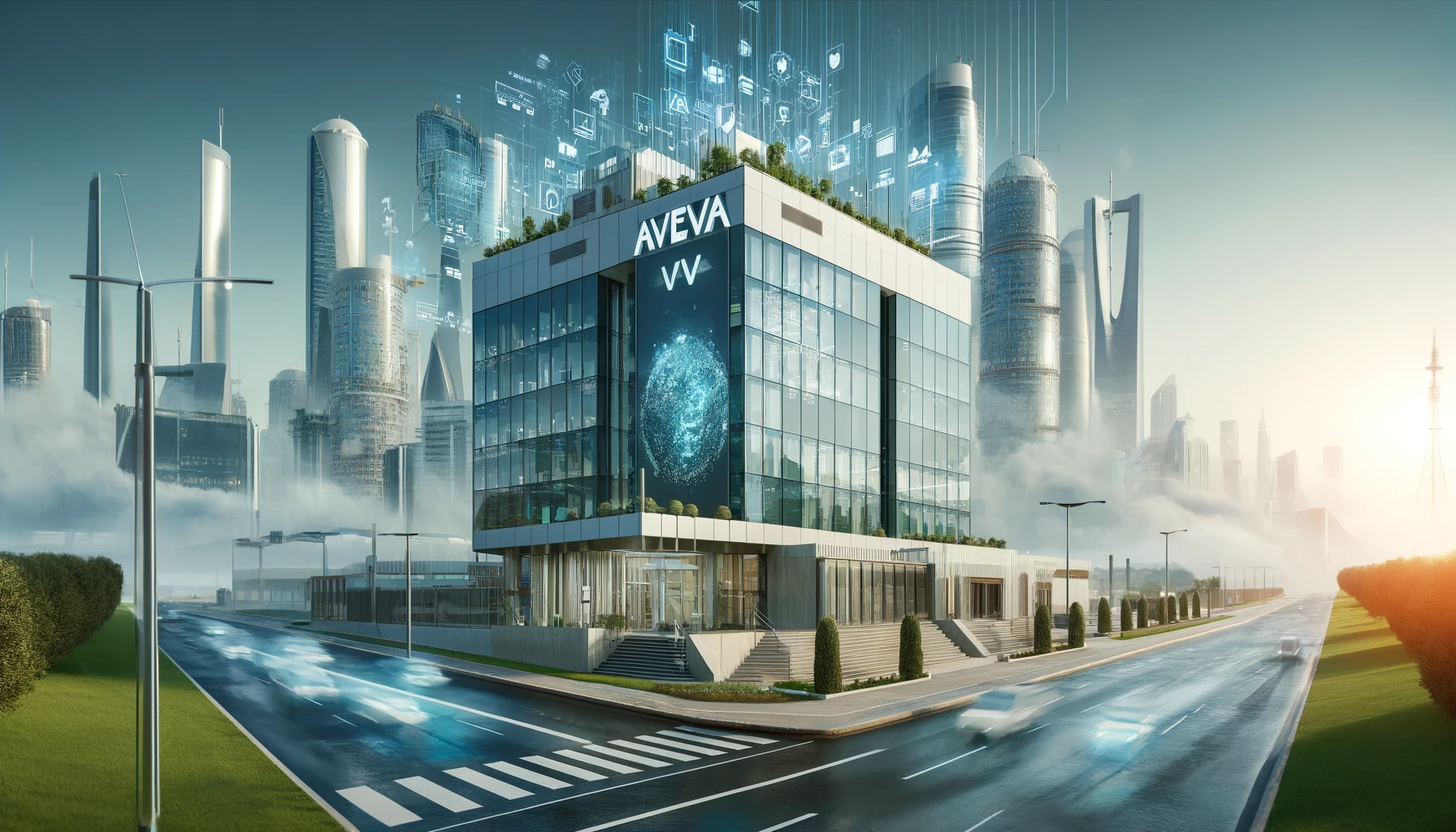 A modern office building in Dhahran, Saudi Arabia, with Aveva branding. The scene includes a sleek, contemporary design, showcasing the integration of