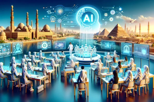 A vibrant educational setting in Egypt, showcasing a collaboration on AI talent development. The scene includes a modern classroom with students engagement