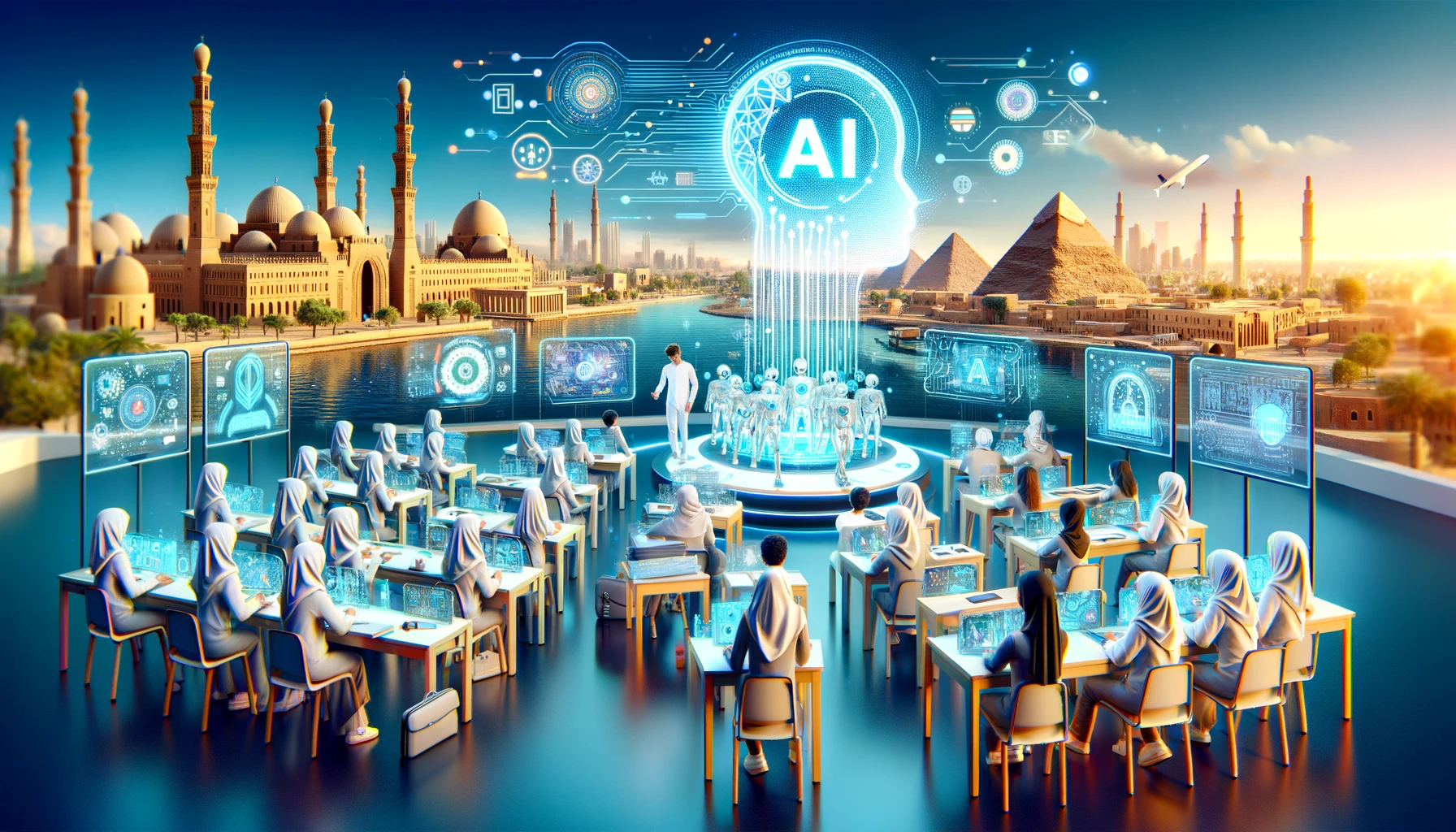 A vibrant educational setting in Egypt, showcasing a collaboration on AI talent development. The scene includes a modern classroom with students engagement