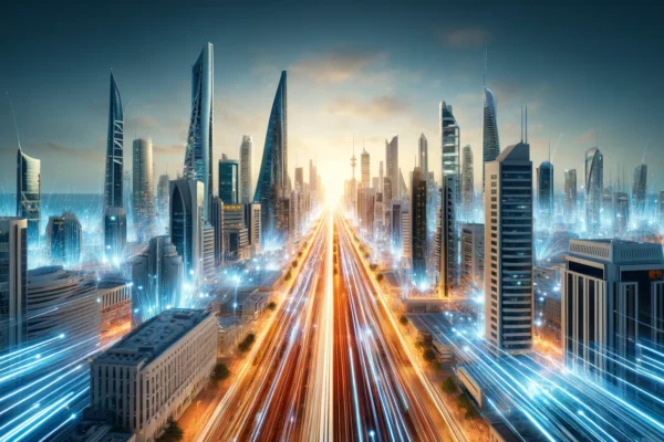 A high-tech cityscape of Bahrain with prominent modern buildings and a network of glowing fibre optic cables running through the streets and buildings