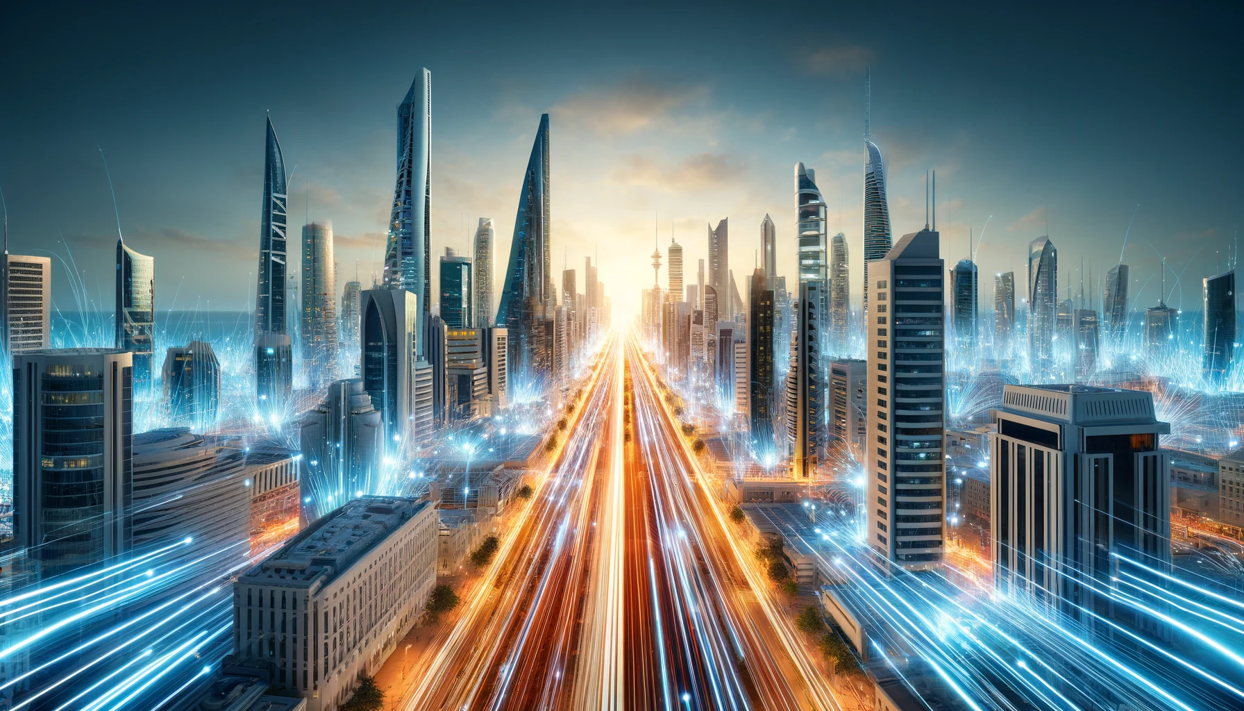 A high-tech cityscape of Bahrain with prominent modern buildings and a network of glowing fibre optic cables running through the streets and buildings