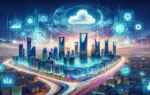 A dynamic cityscape of Riyadh, Saudi Arabia, with modern skyscrapers and a vibrant skyline. Incorporate elements of cloud computing and AI technology,