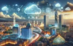 A futuristic landscape of Morocco and Senegal, featuring modern cityscapes with iconic buildings. Highlight elements of cloud computing and digital co