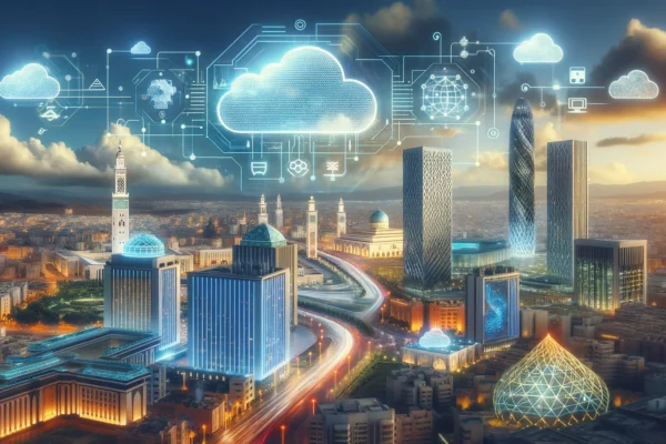 A futuristic landscape of Morocco and Senegal, featuring modern cityscapes with iconic buildings. Highlight elements of cloud computing and digital co