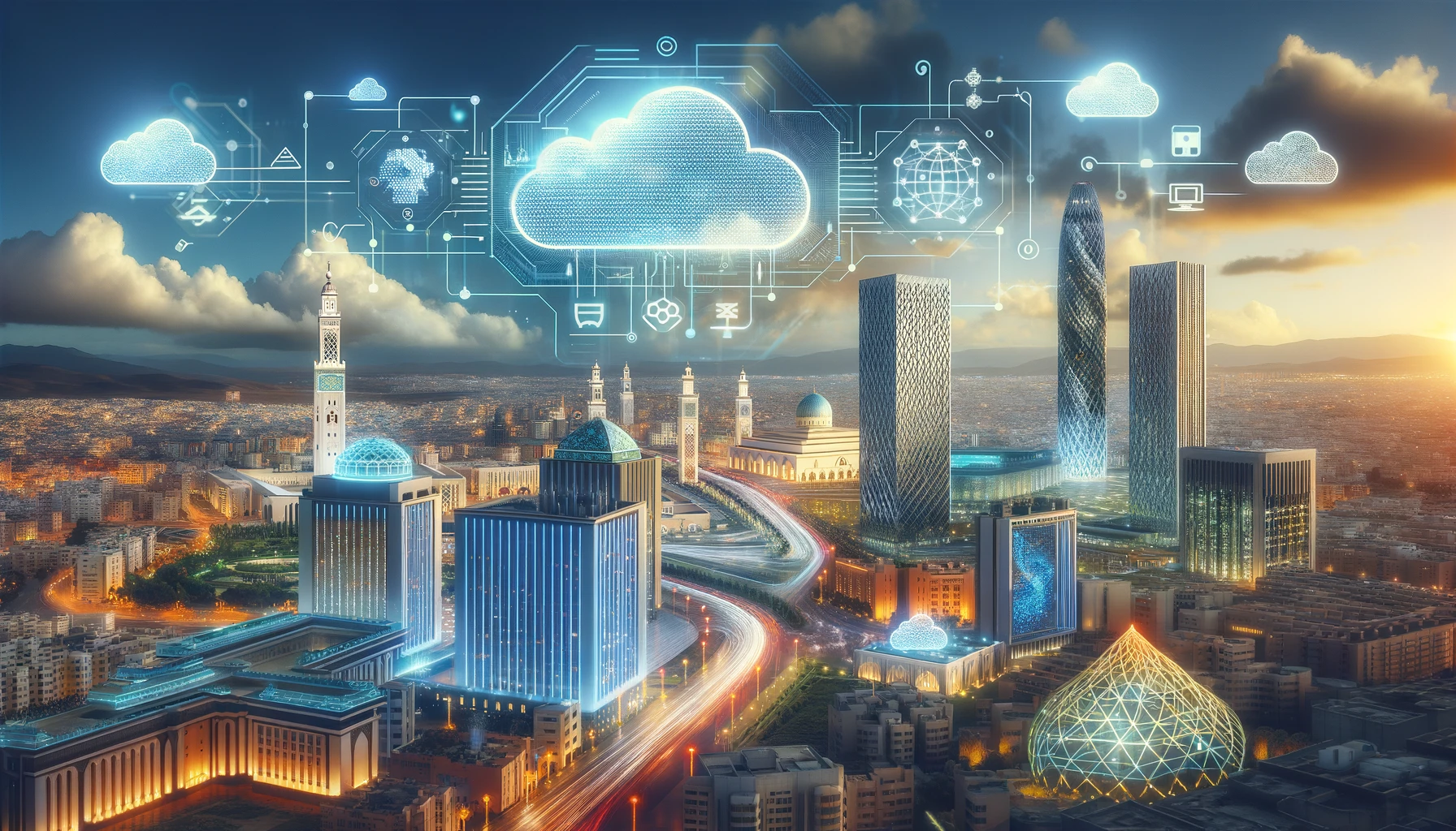 A futuristic landscape of Morocco and Senegal, featuring modern cityscapes with iconic buildings. Highlight elements of cloud computing and digital co