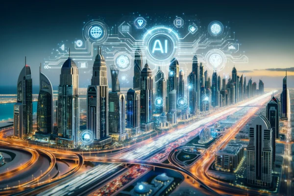 A futuristic cityscape of Dubai with iconic buildings, featuring elements of artificial intelligence and digital connectivity. Highlight glowing data