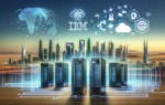 A futuristic landscape depicting IBM's AI technology, featuring sleek servers and digital data streams, with a backdrop of the Saudi Arabian skyline.