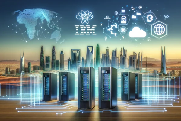 A futuristic landscape depicting IBM's AI technology, featuring sleek servers and digital data streams, with a backdrop of the Saudi Arabian skyline.