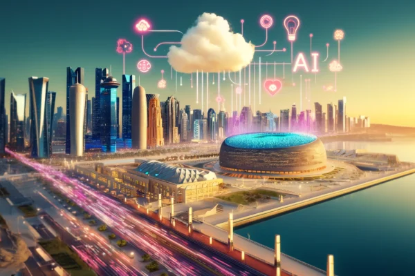 A vibrant scene of Doha, featuring modern skyscrapers and Stadium 974, with digital elements like cloud icons, AI symbols, and data streams integrated