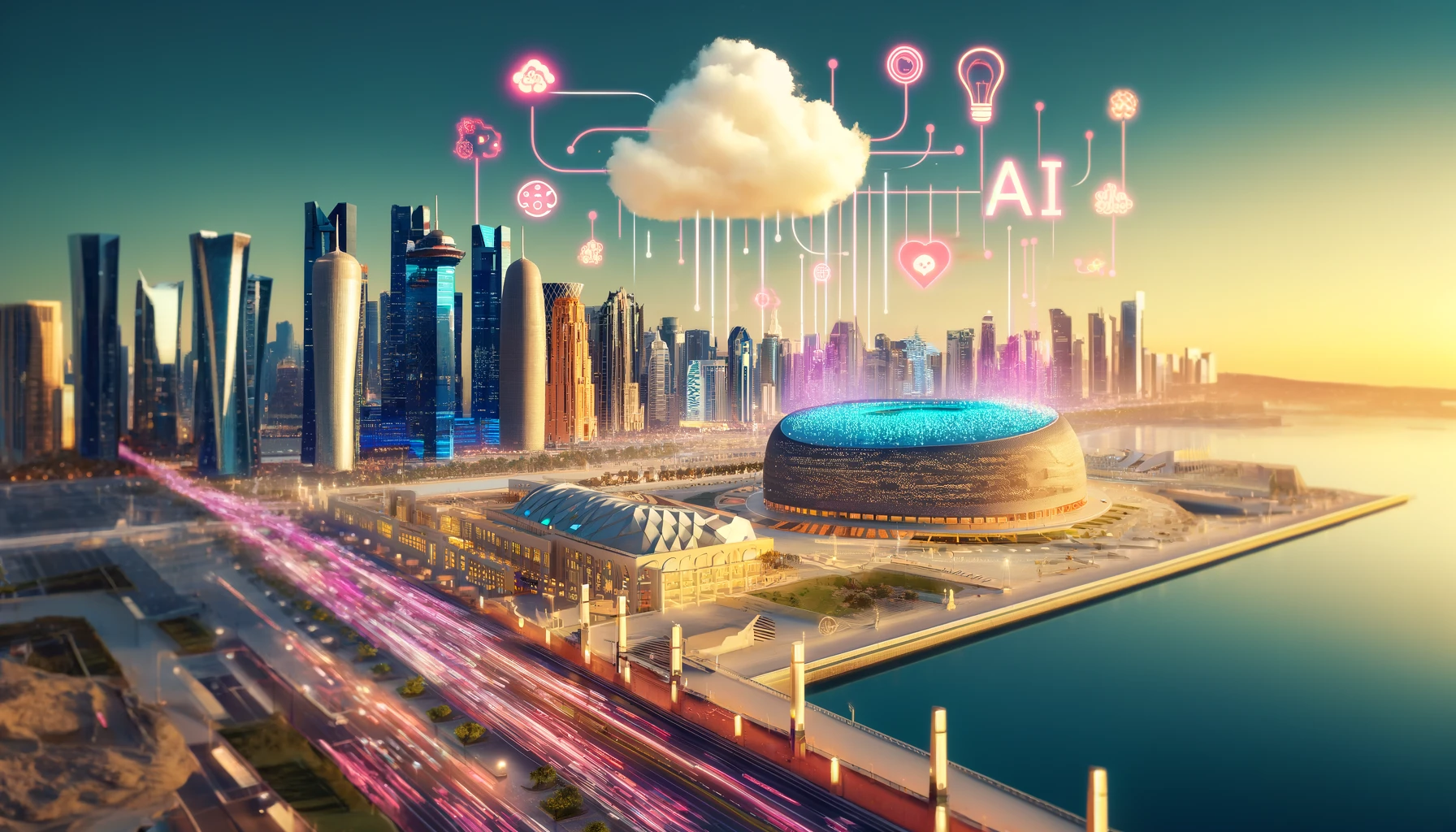 A vibrant scene of Doha, featuring modern skyscrapers and Stadium 974, with digital elements like cloud icons, AI symbols, and data streams integrated