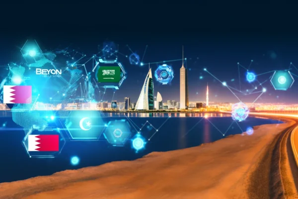 A futuristic landscape depicting the merger of Beyon Solutions and Link Development, featuring elements of digital transformation and technology. High