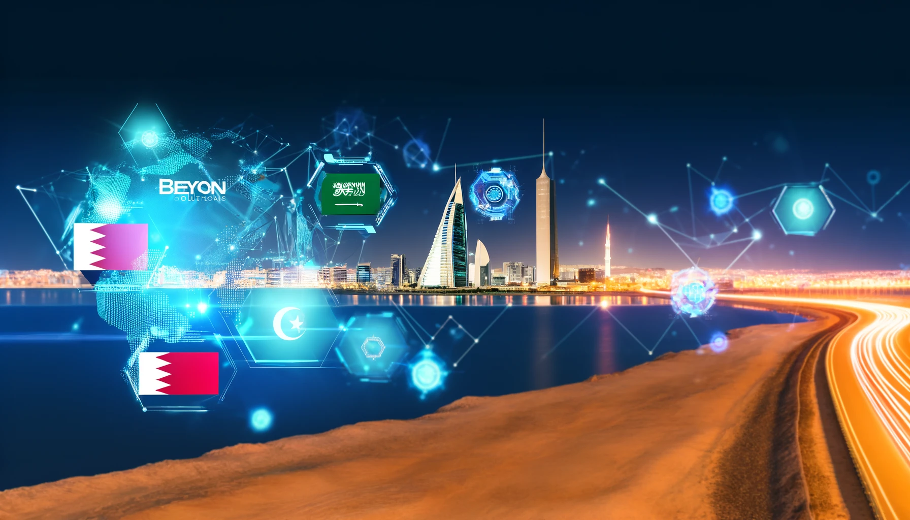 A futuristic landscape depicting the merger of Beyon Solutions and Link Development, featuring elements of digital transformation and technology. High