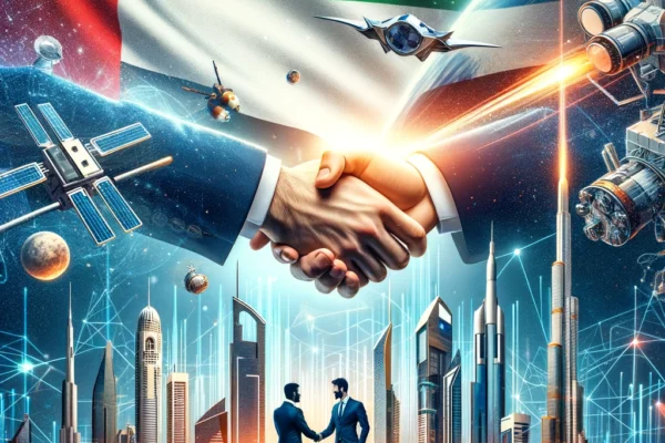 A dynamic scene featuring a handshake between two professionals, representing the partnership between MBRIF and AzurX. The background includes element