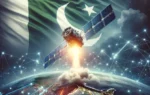 A high-tech satellite being launched into space, with a dramatic sky and the Earth visible below. The scene includes elements representing Pakistan, s