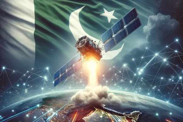 A high-tech satellite being launched into space, with a dramatic sky and the Earth visible below. The scene includes elements representing Pakistan, s