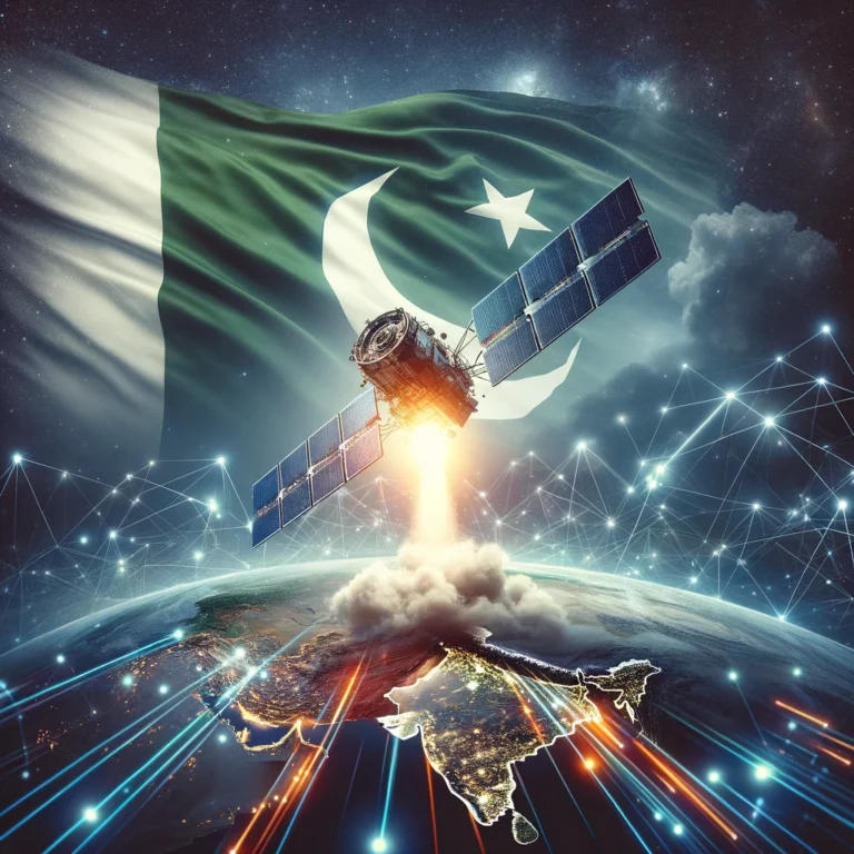 A high-tech satellite being launched into space, with a dramatic sky and the Earth visible below. The scene includes elements representing Pakistan, s