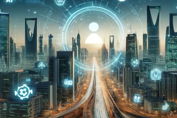 A futuristic cityscape of Riyadh, Saudi Arabia, showcasing advanced digital technologies. The scene includes elements like data streams, digital network