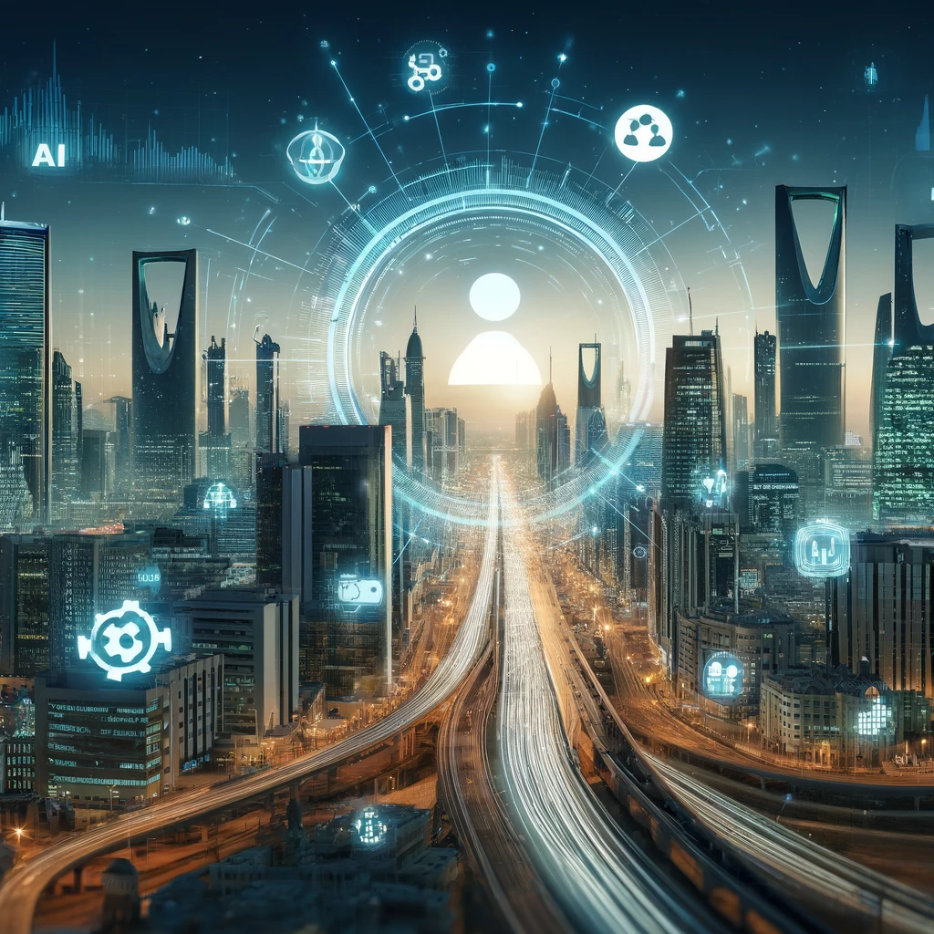 A futuristic cityscape of Riyadh, Saudi Arabia, showcasing advanced digital technologies. The scene includes elements like data streams, digital network