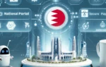 An elegant scene showing Bahrain's National Portal on a digital device, with elements representing eGovernment services such as secure payment methods