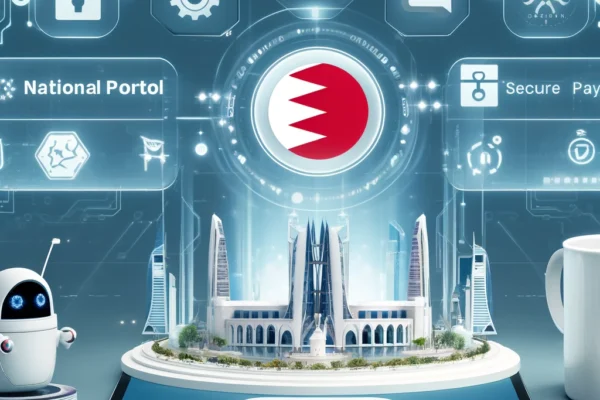 An elegant scene showing Bahrain's National Portal on a digital device, with elements representing eGovernment services such as secure payment methods