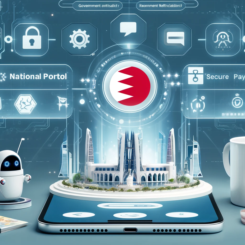 An elegant scene showing Bahrain's National Portal on a digital device, with elements representing eGovernment services such as secure payment methods