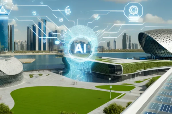 A futuristic AI integration center in Masdar City, Abu Dhabi, showcasing advanced AI technology and sustainable architecture. The scene includes modern