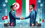 A formal signing ceremony with representatives from Tunisia and Italy shaking hands. The background includes elements representing digital technology