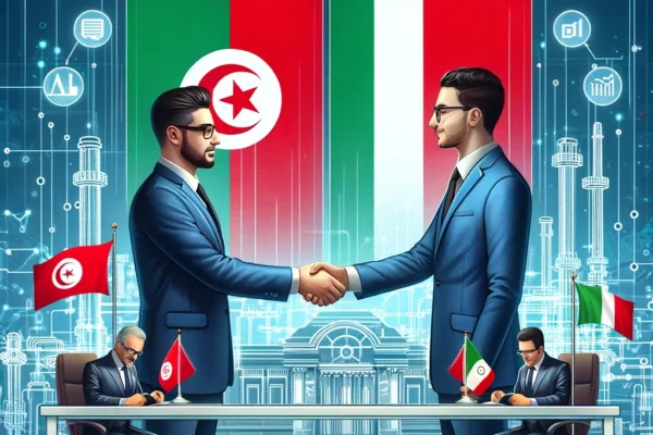 A formal signing ceremony with representatives from Tunisia and Italy shaking hands. The background includes elements representing digital technology