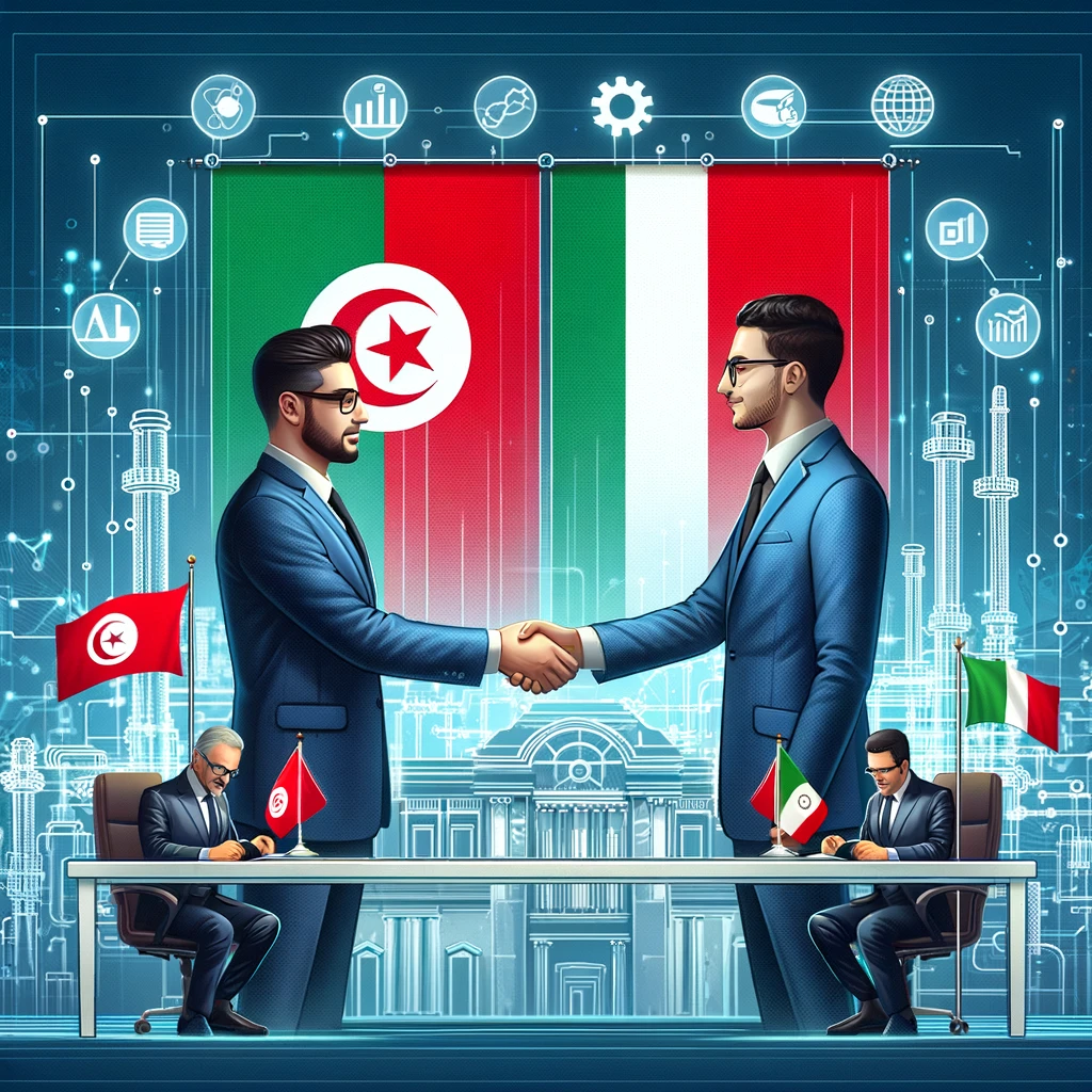 A formal signing ceremony with representatives from Tunisia and Italy shaking hands. The background includes elements representing digital technology