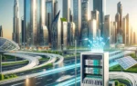 A modern cityscape of UAE showcasing smart city elements, including advanced telecommunications infrastructure. Highlight a sleek telecom network box