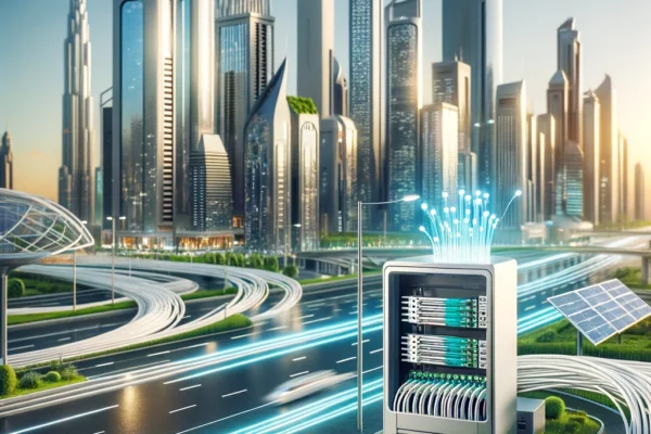 A modern cityscape of UAE showcasing smart city elements, including advanced telecommunications infrastructure. Highlight a sleek telecom network box