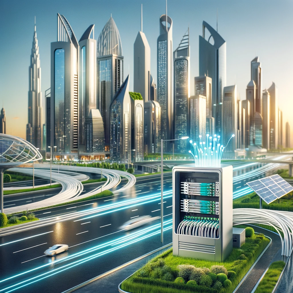 A modern cityscape of UAE showcasing smart city elements, including advanced telecommunications infrastructure. Highlight a sleek telecom network box